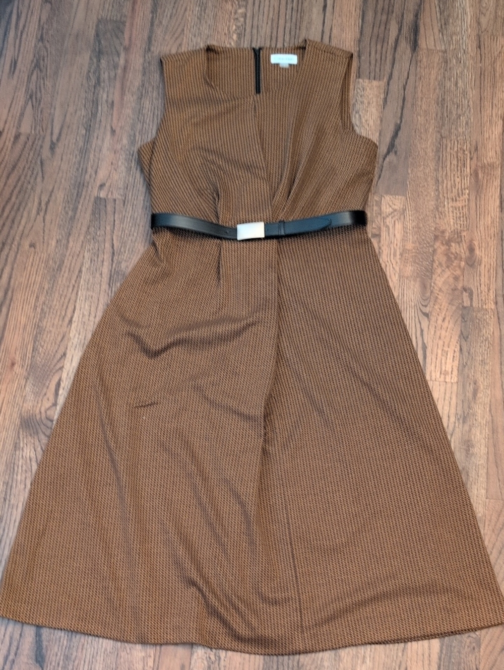 Calvin Klein Brown Sleeveless A-Line Midi Dress with Black Belt